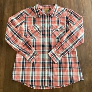 Wrangler Women’s Western Plaid Pearl Snap Shirt L Pink Coral Navy